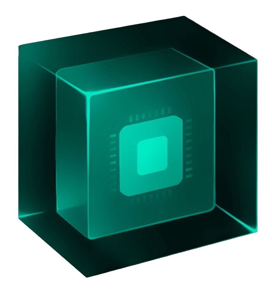A glowing translucent cube containing a processor — visual representation of a Lens Room: an AI reasoning environment with explicit constraints.